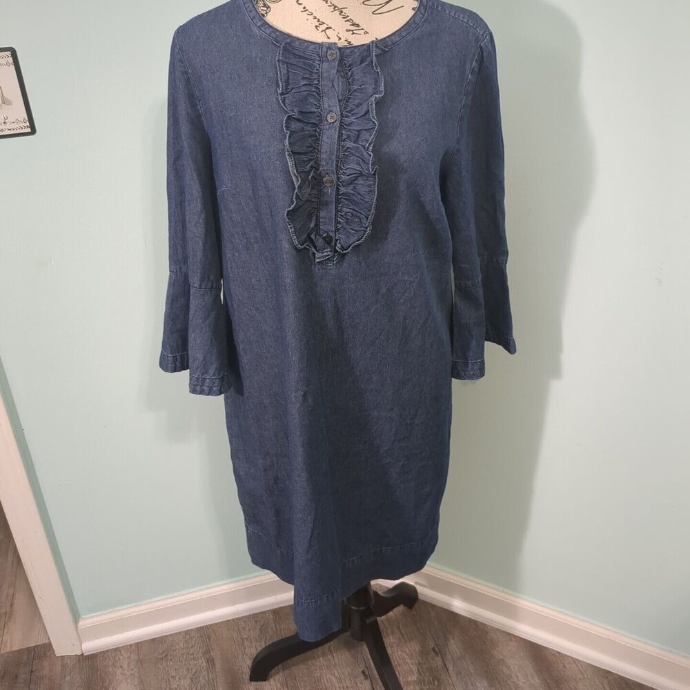 Draper James Dark Wash Chambray 3/4 Bell Sleeved Ruffle Shirt Dress …